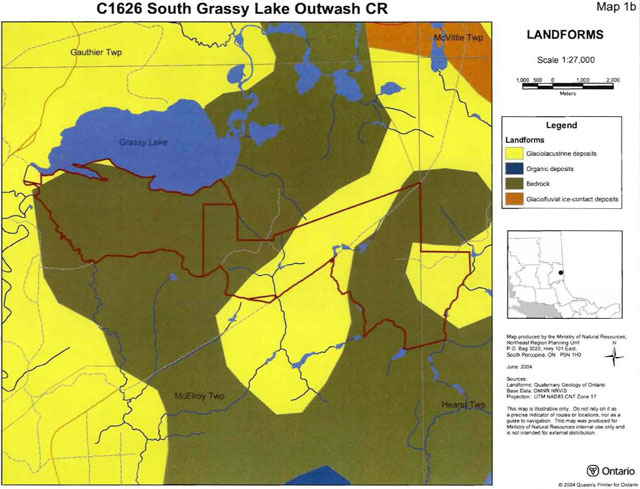 colour map of South Grassy Lake Outwash Conservation Reserve landforms. Yellow areas represent glaciolacustrine deposits, blue areas represent organic deposits, green areas represent bedrock, and orange areas represent glaciofluvial ice-contact deposits.