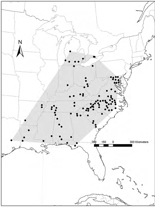This is a map indicating the distribution of Laura’s Clubtail in North America