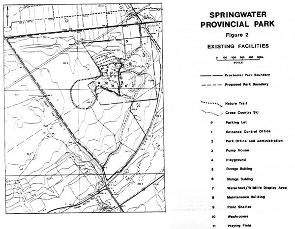 The image of the map is Figure 2 - Existing Facilites for Springwater Provincial Park Management Plan.