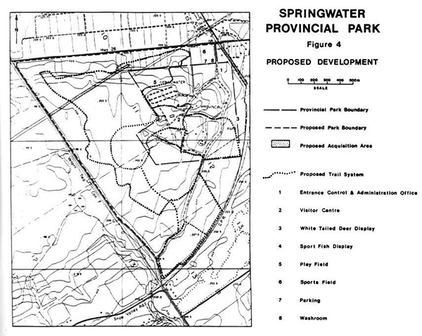 The image of the map is Figure 4 - Proposed Development for Springwater Provincial Park Management.