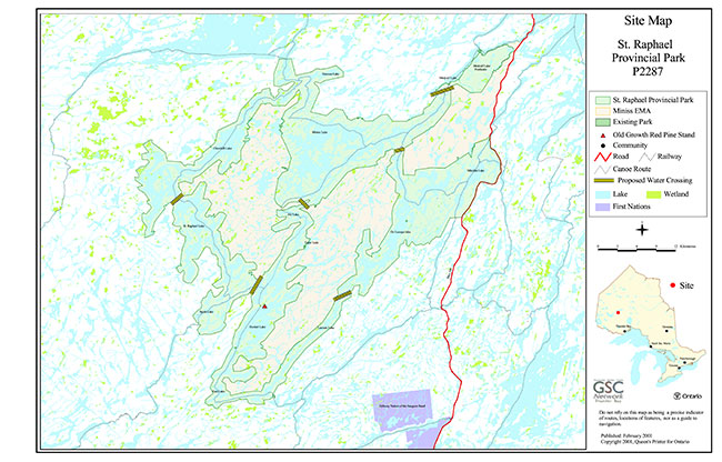 This map provides detailed information about Site Map, St. Raphael Provincial Park.