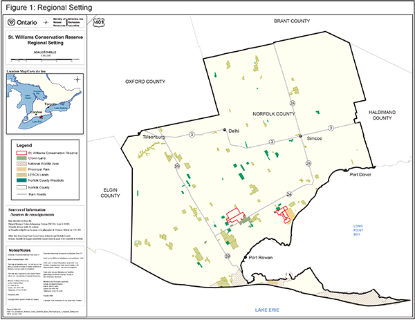 The image is of Figure 1: Regional Setting map within St. Williams Conservation Reserve.