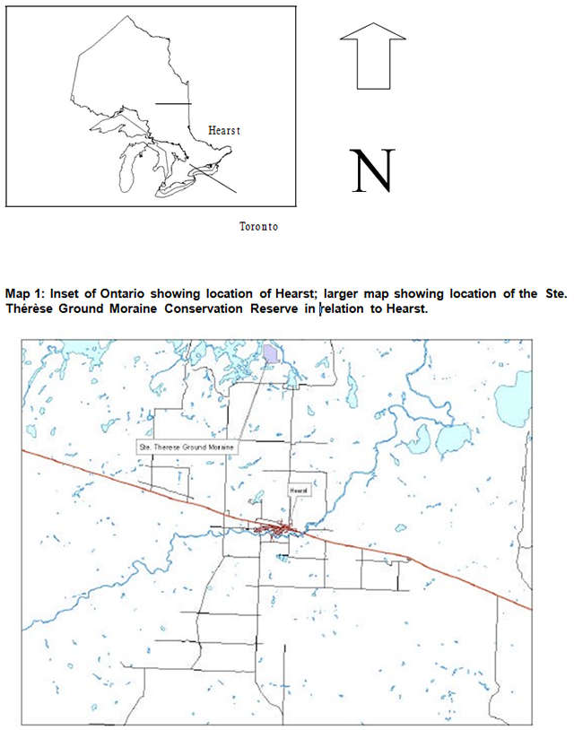 This is Map 1 showing the location of Ste. Thérèse Ground Moraine Conservation Reserve in relation to the location of Hearst.