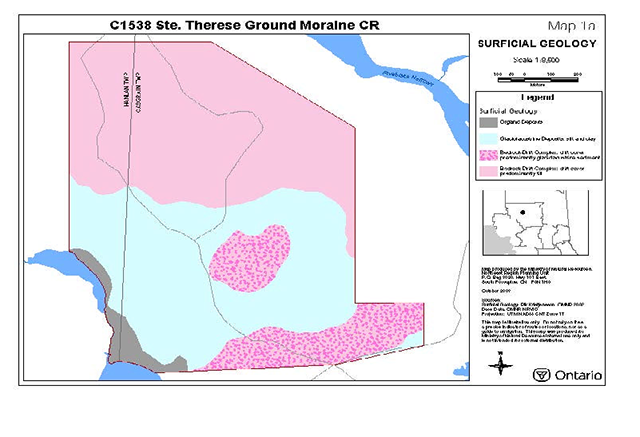 This is Map 1a of Ste. Thérèse Ground Moraine Conservation Reserve indicating different areas where surfical geology is found within the conservation reserve illustrated through colour.