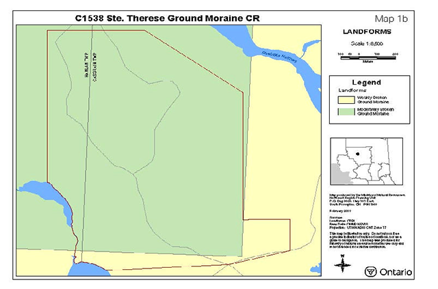 This is Map 1b which indicates the different landform areas found in the Ste. Thérèse Ground Moraine Conservation Reserve illustrated through colour.