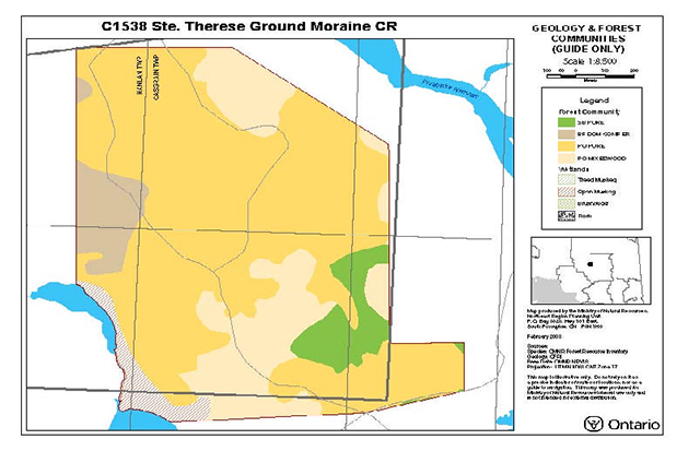 This is Map 1c which indicates the differnt areas of geology & forest communities found within Ste. Thérèse Ground Moraine Conservation Reserve illustrated through colour.