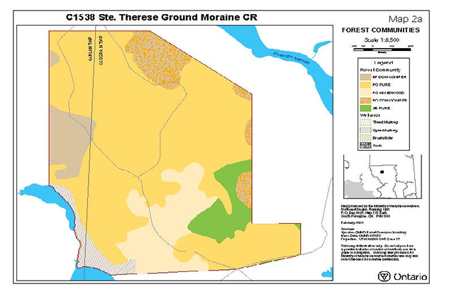 This is Map 2a which indicates the different areas of forest communities found within Ste. Thérèse Ground Moraine Conservation Reserve illustrated through colour.