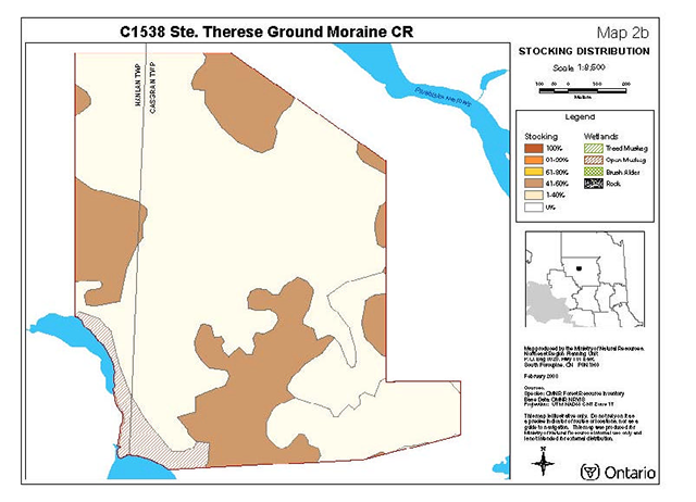 This is Map 2b which indicates the different stocking distribution areas found within Ste. Thérèse Ground Moraine Conservation Reserve illustrated through colour.