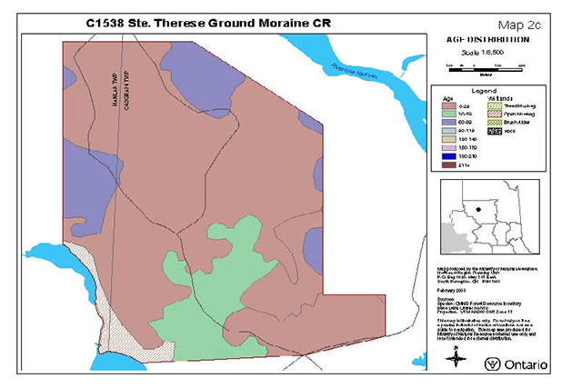 This is Map 2c which indicates the different areas of age distribution for Ste. Thérèse Ground Moraine Conservation Reserve illustrated through colour.