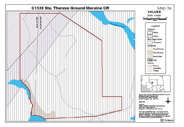 This is Map 3a which indicates the different values for Ste. Thérèse Ground Moraine Conservation Reserve illustrated through colour.