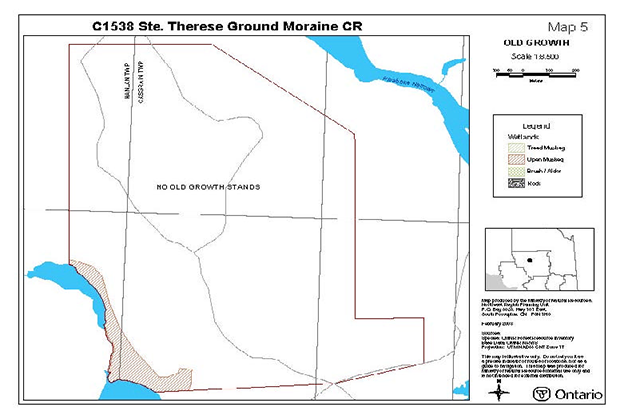 This is Map 5 which indicates old growth areas found within Ste. Thérèse Ground Moraine Conservation Reserve illustrated through colour.