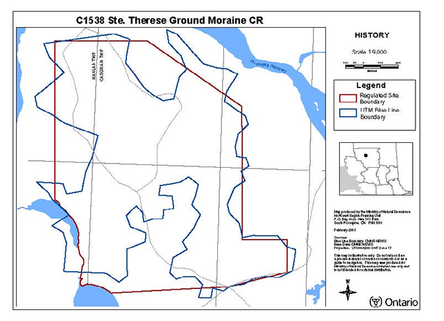 This is Map 6 which indicates the two different historical boundaries found within Ste. Thérèse Ground Moraine Conservation Reserve illustrated through coloured lines.