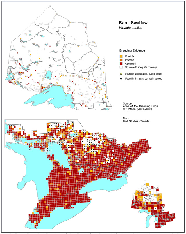 A map of Ontario depicting the breeding distribution of Barn Swallow from 1981 to 1985 and 2001 to 2005.