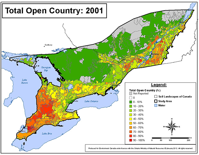 A map of southern Ontario depicting the total area in open country land cover classes, including cropland, pasture and summer fallow, based on 2001 data from Statistics Canada.