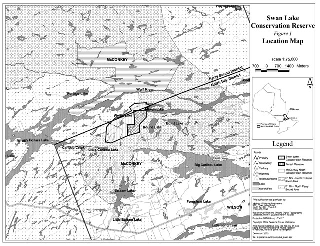 Location Map of Swan Lake Conservation Reserve showing the location of the reserve in Ontario. Areas shown include rivers, streams, marshes, fens, lakes, Forest Reserve, the McConkey North Conservation Reserve, the North Pickerel River Area and the North Parry Sound Area. Primary, secondary and tertiary roads are also indicated.