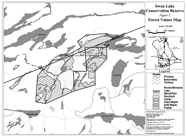 Forest Values Map of Swan Lake Conservation Reserve in Ontario, showing forest communities in the reserve, including hemlock, cedar, hard maple, soft maple and poplar. Rivers and streams, lakes and marshes and fens are also shown as well as primary, secondary and tertiary roads.