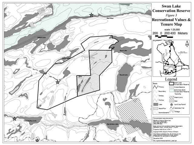 Recreational Values and Tenure Map of Swan Lake Conservation Reserve showing Patent Land areas, dams, land use permit locations, Motorized trails, portage as well as rivers, streams, marshes, fens, lakes, Forest Reserve, the McConkey North Conservation Reserve, the North Pickerel River Area and the North Parry Sound Area. Primary, secondary and tertiary roads are also indicated.