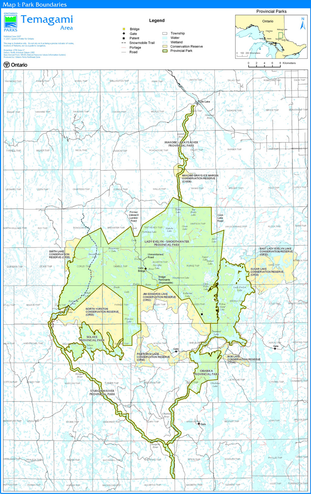 Map 1 shows the provincial park boundaries and the relationship of all five parks in context with the surrounding area