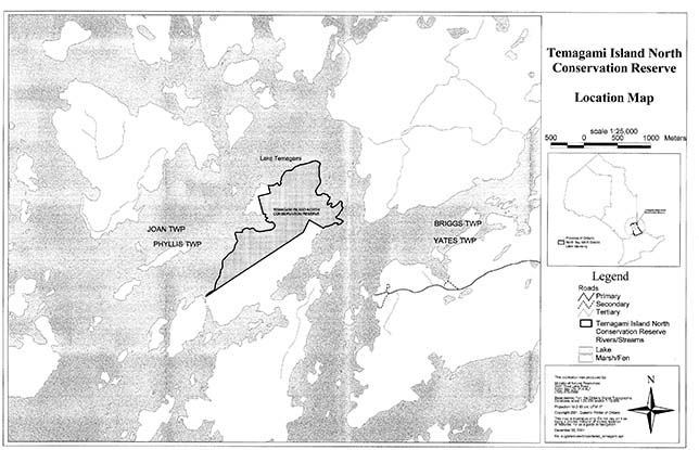 location map within Temagami Island North Conservation Reserve.