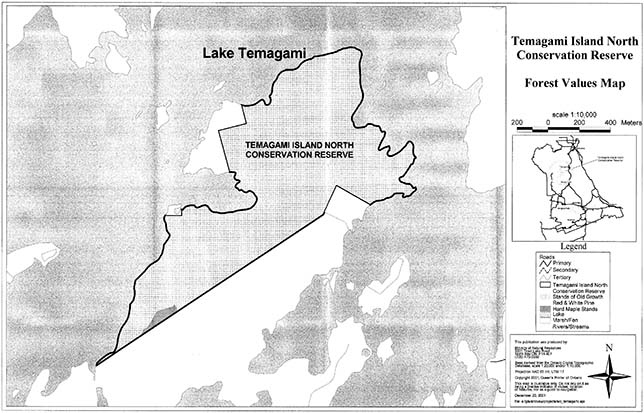 a forest values map within Temagami Island North Conservation Reserve.