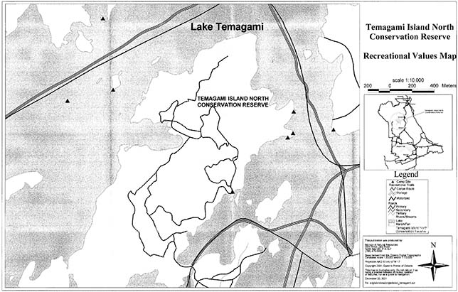 the recreational values map within Temagami Island North Conservation Reserve.