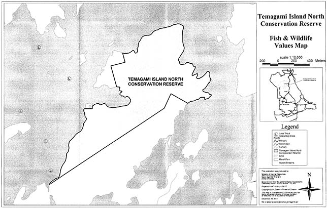 the fish and wildlife values map within Temagami Island North Conservation Reserve.