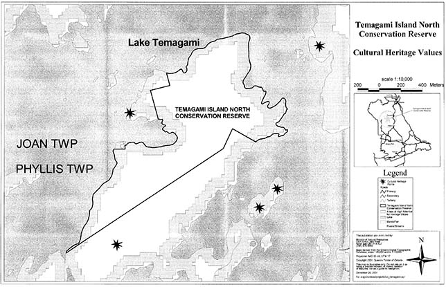 the cultural heritage values map within Temagami Island North Conservation Reserve.