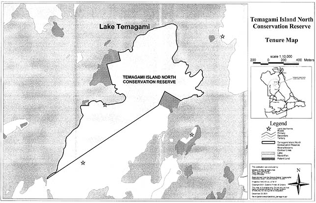 the tenure map within Temagami Island North Conservation Reserve.