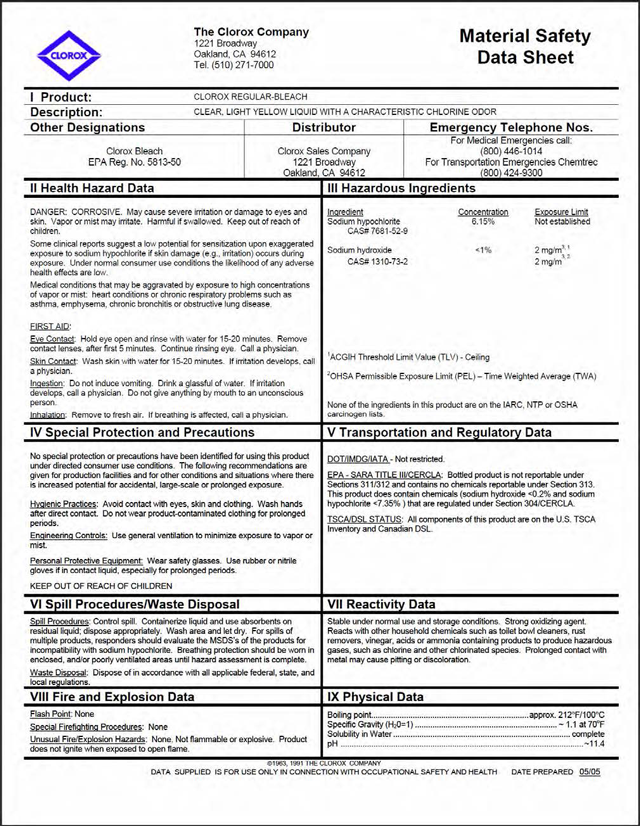A material safety data sheet for household bleach.