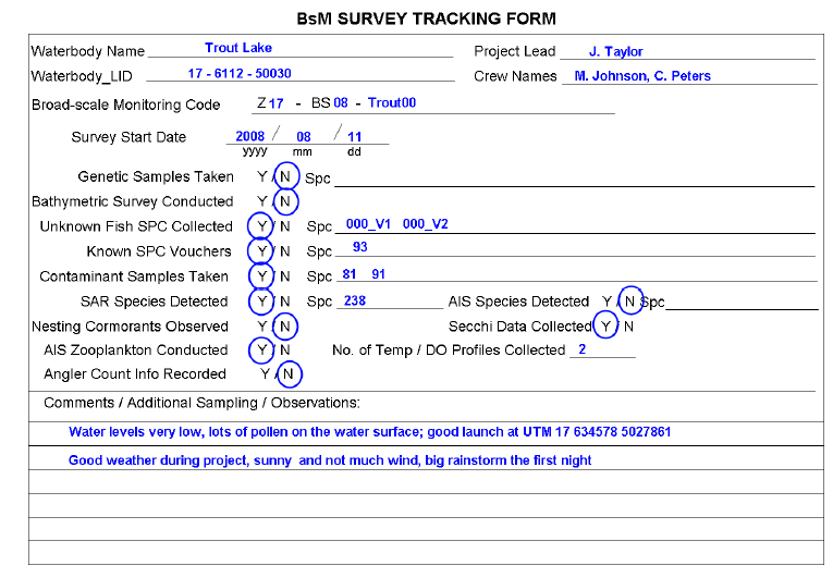 a completed broad-scale monitoring survey tracking form for Trout Lake.