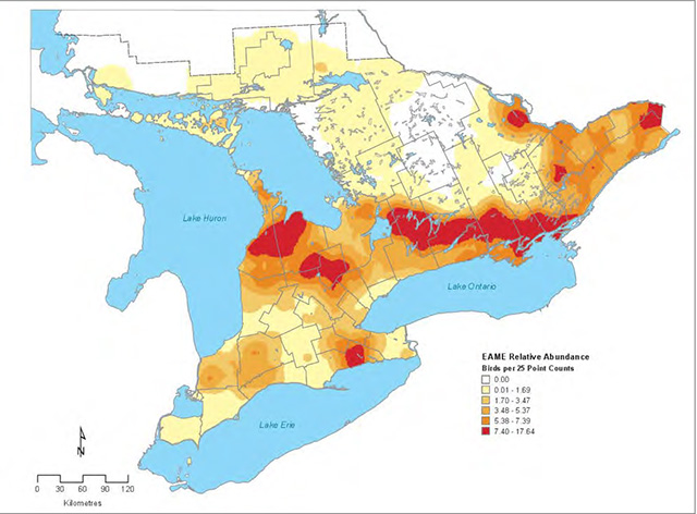 Colour map of southern Ontario. Legend indicates relative abundance of birds per 25 Point Counts. Colours range from 0.00 in white, from yellow to orange and red at 7.40-17.64.