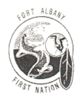 Fort Albany First Nation Logo which features a stylized polar bear, fish, feather, and image of James Bay.