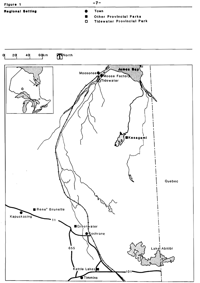 Regional setting map of Tidewater Provincial Park showing nearby towns and provincial parks.
