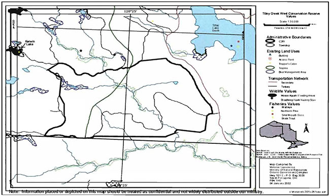 This map provides detailed information about Tilley Creek West Conservation Reserve (C281): Recreational Values.