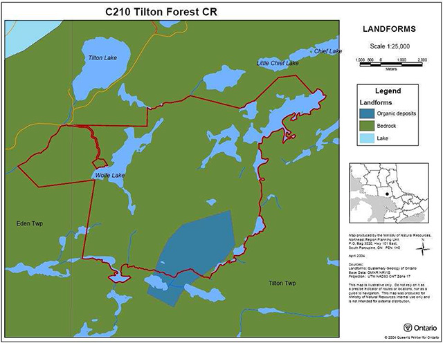 This map shows landforms in Tilton Forest Conservation Reserve