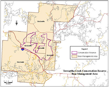 This is a map of Trewartha Creek Conservation Reserve indicating the bear management areas