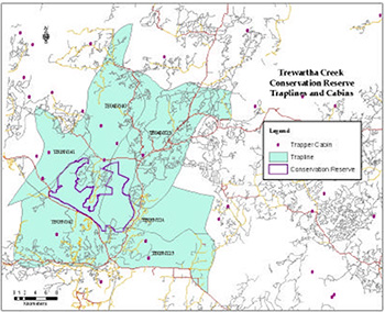 This is a map of Trewartha Creek Conservation Reserve indicating traplines and cabins