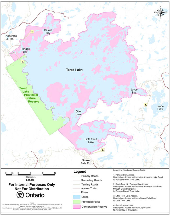 This map provides detailed information about Trout Lake Conservation Reserve Access Trails.