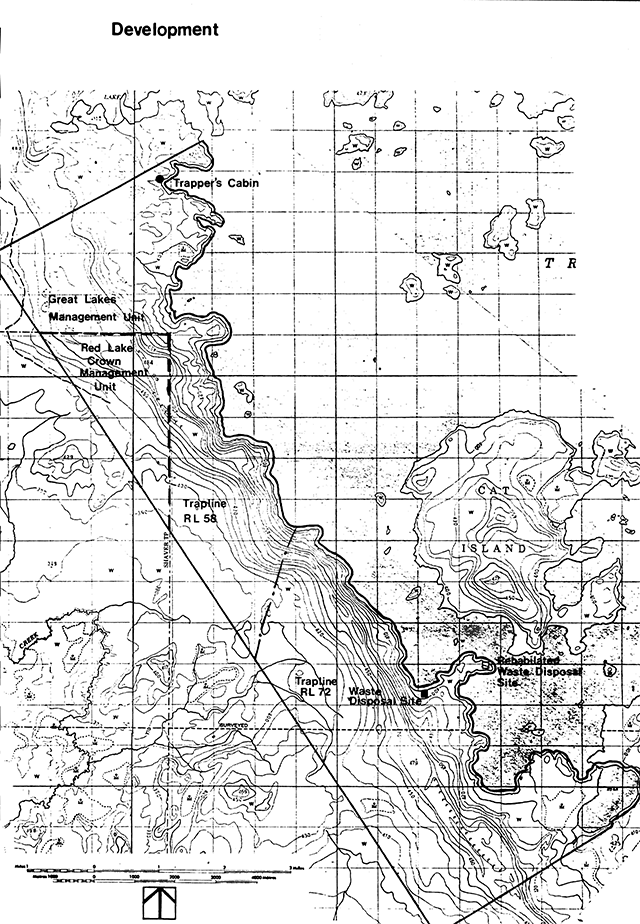 Map of Trout Lake Provincial Park showing management units, traplines, waste disposal sides and trapper’s cabin.