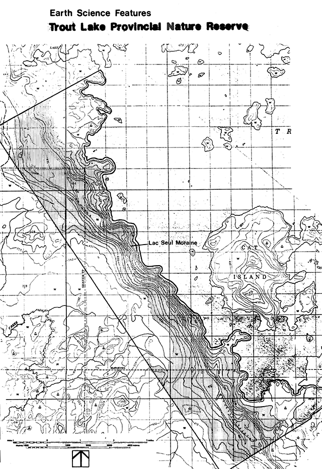 Earth science features map of Trout Lake Provincial Park indicating location of Lac Seul moraine.