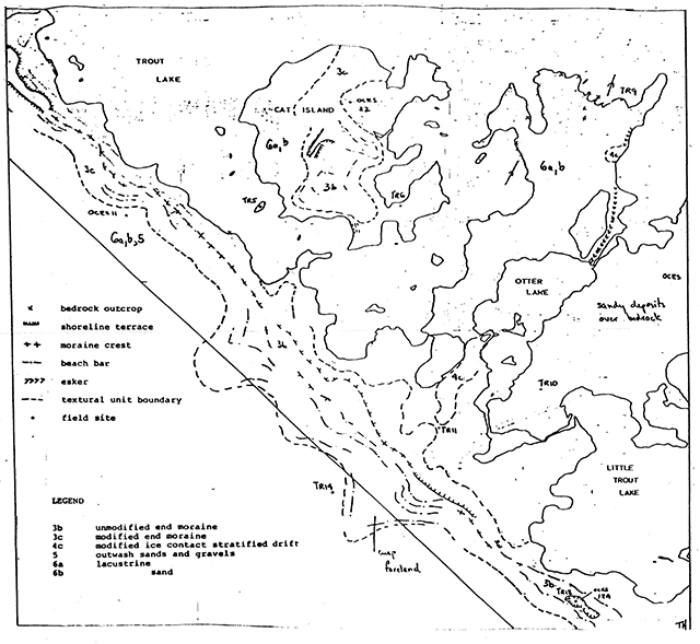 Bedrock map of Trout Lake Provincial Park showing bedrock outcrop, shoreline terrace, moraine areas, esker, textural unit boundary and field sites.