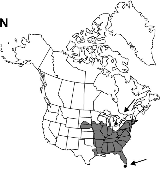 this is a mpa of North America in Black and white.The areas in which the Eastern Prickly Pear is found is shaded in grey. Two outlying areas are indicared with black dots and arrows.