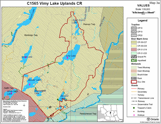 This map provides detailed information about Vimy Lake Uplands Conservation Reserve Values Map.