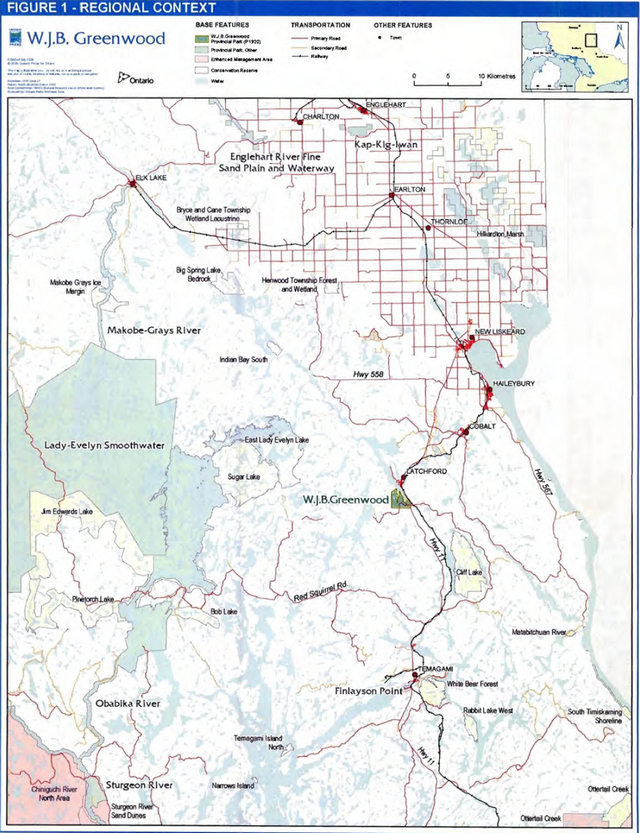 Map showing regional context of W.J.B. Greenwood Provincial Park 