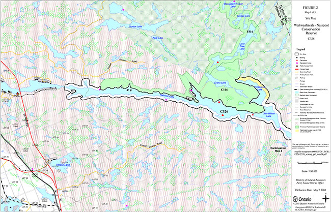 This map provides detailed information about Site Map (Map 1 of 3) – Wahwashkesh-Naiscoot Conservation Reserve.