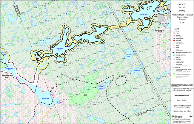 This map provides detailed information about Site Map (Map 2 of 3) – Wahwashkesh-Naiscoot Conservation Reserve.