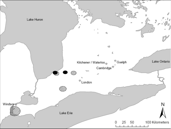 map of historical and current distribution of Heart-leaved Plantain in Ontario based on data from Natural Heritage Information Centre in 2010.
