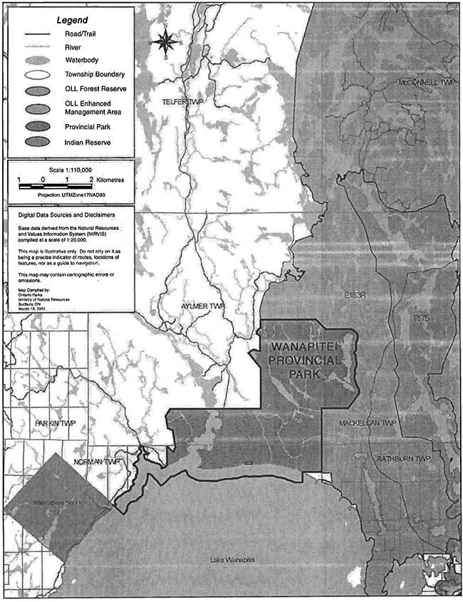 This map provides detailed information about park boundary and adjacent areas for Wanapitei Provincial Park.