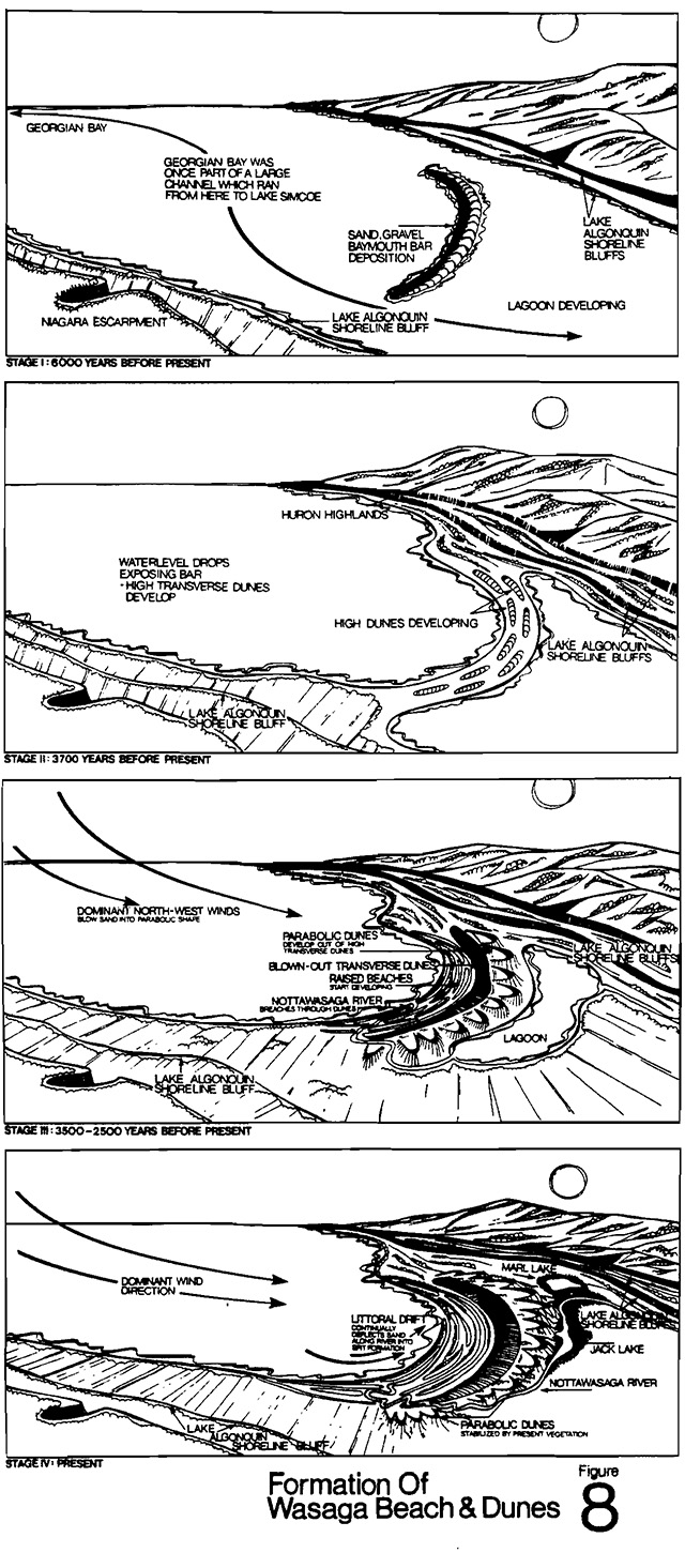 This chart depicts the formation of Wasaga Beach over the period from 6000 years ago to present.