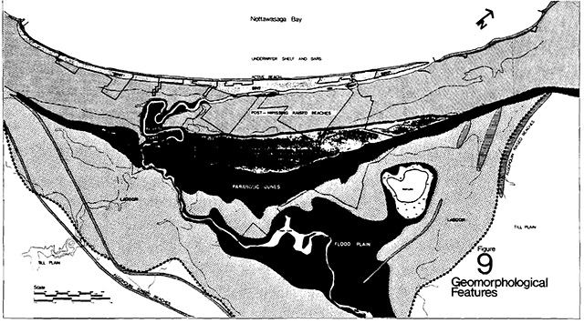 The map depicts the geomorphological features such as the underwater shelf and bars of Nottawasaga Bay.
